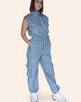 "The Taylor" Mechanic High Neck Cargo Front Zipper Sleeveless Jumpsuit With Multi-Pockets