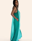 "Amphitrite" Goddess of the Sea Turquoise Color Block Maxi Dress With Pockets