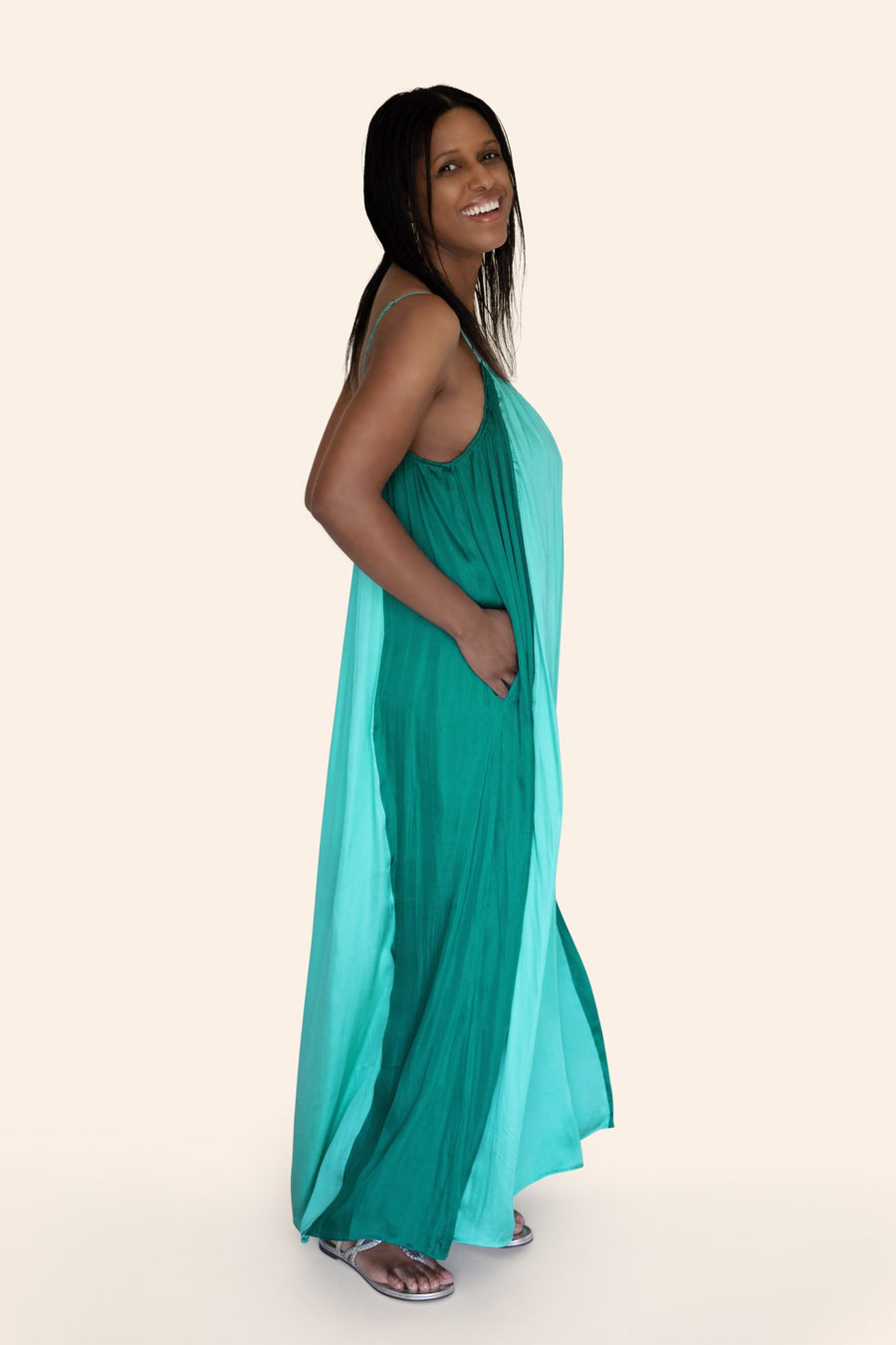 "Amphitrite" Goddess of the Sea Turquoise Color Block Maxi Dress With Pockets