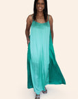 "Amphitrite" Goddess of the Sea Turquoise Color Block Maxi Dress With Pockets