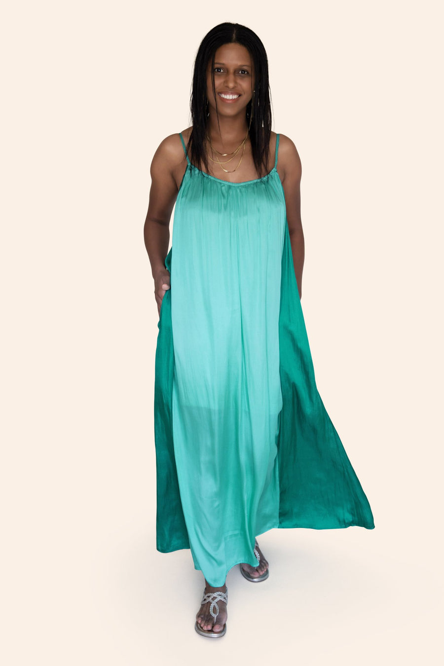 "Amphitrite" Goddess of the Sea Turquoise Color Block Maxi Dress With Pockets