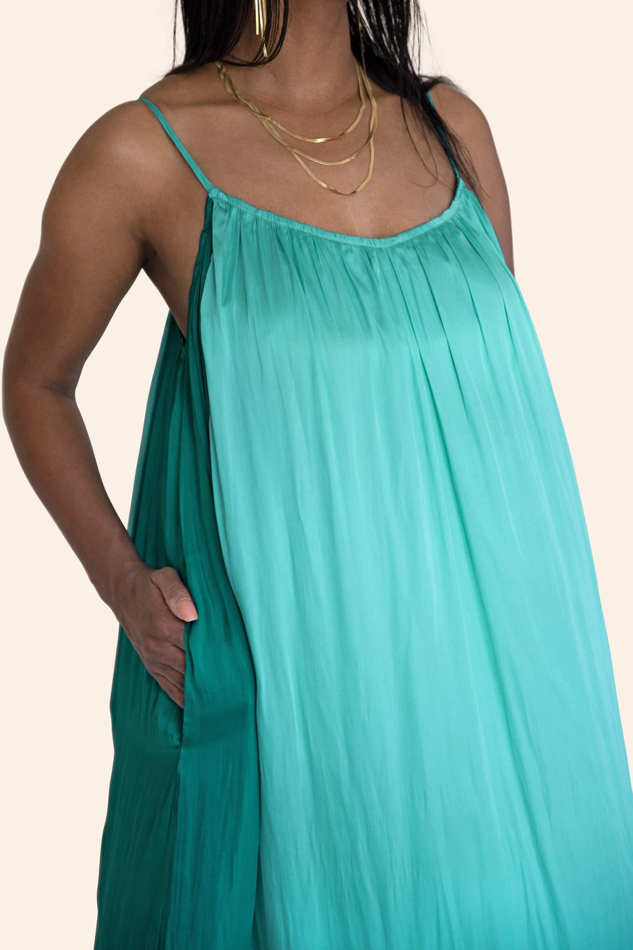 "Amphitrite" Goddess of the Sea Turquoise Color Block Maxi Dress With Pockets