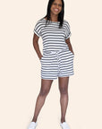 "Piper" Butter Soft Black & White Striped Drawstring Waist Romper With Pockets