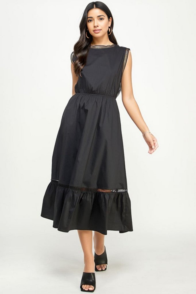 "The Audrey" Little Black Midi Dress With Ladder Trim Detail & Pockets