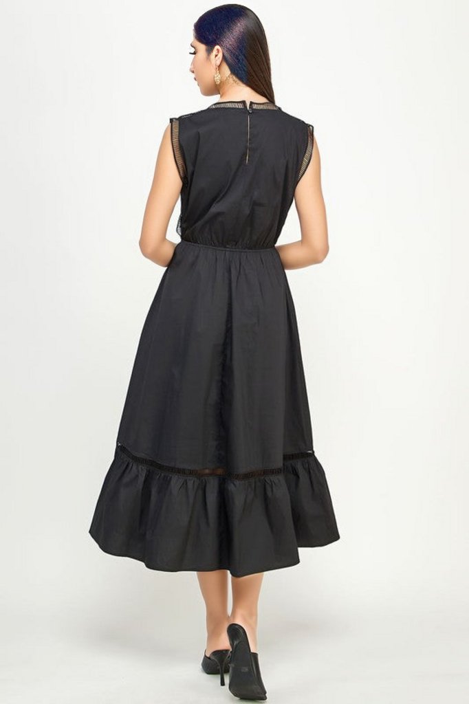 "The Audrey" Little Black Midi Dress With Ladder Trim Detail & Pockets