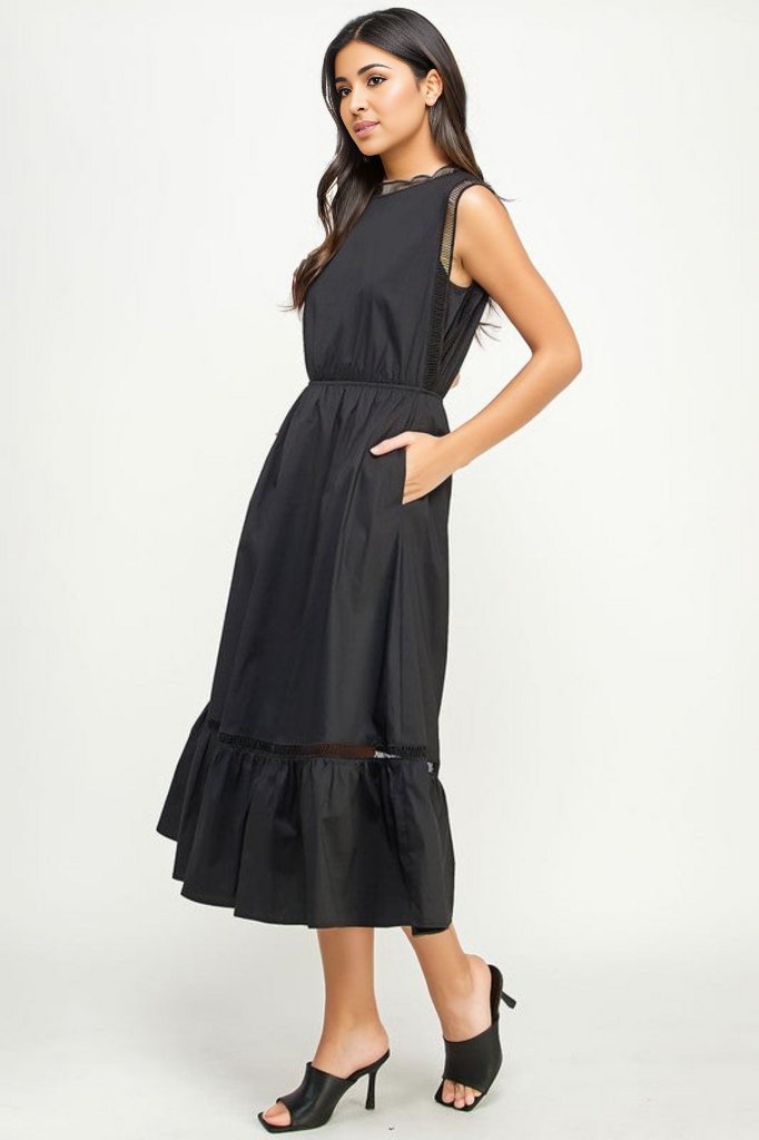 "The Audrey" Little Black Midi Dress With Ladder Trim Detail & Pockets