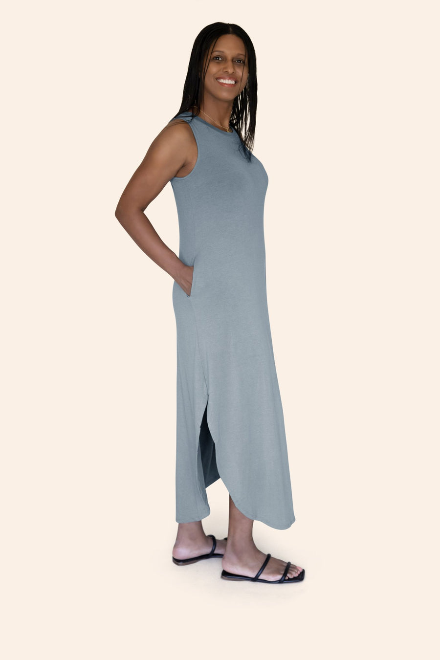 "The Harper" Butter Soft Sleeveless High-Neck Side Slit Maxi Dress With Pockets