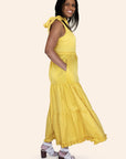 "Tea Party" Bow Tie Shoulder Poplin Three-Tiered Yellow Maxi Dress With Pockets