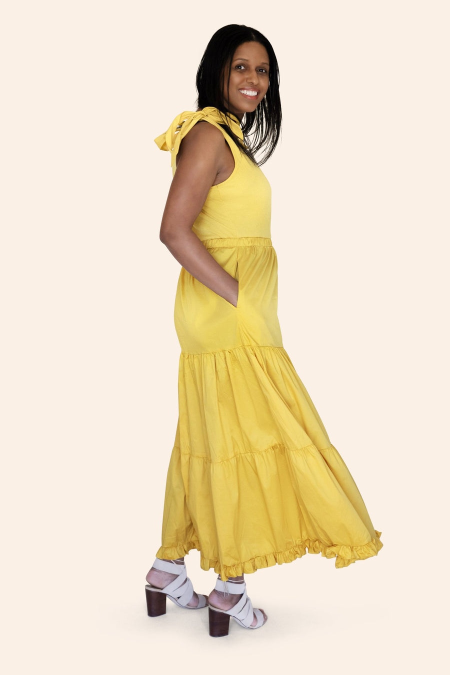 "Tea Party" Bow Tie Shoulder Poplin Three-Tiered Yellow Maxi Dress With Pockets