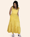 "Tea Party" Bow Tie Shoulder Poplin Three-Tiered Yellow Maxi Dress With Pockets