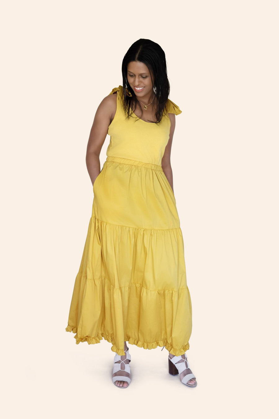 "Tea Party" Bow Tie Shoulder Poplin Three-Tiered Yellow Maxi Dress With Pockets