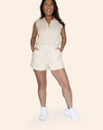 "The Addison" Sleeveless Collared Drawstring Knit Cream Romper With Zipper & Pockets