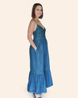 "The Chloe" Denim Bustier Corset Adjustable Strap Maxi Dress With Pockets