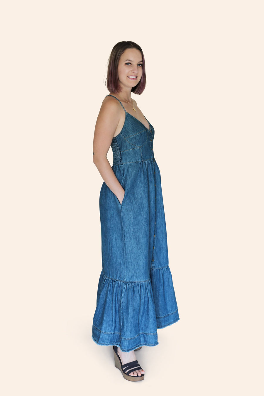 "The Chloe" Denim Bustier Corset Adjustable Strap Maxi Dress With Pockets