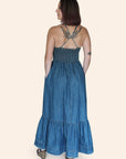 "The Chloe" Denim Bustier Corset Adjustable Strap Maxi Dress With Pockets