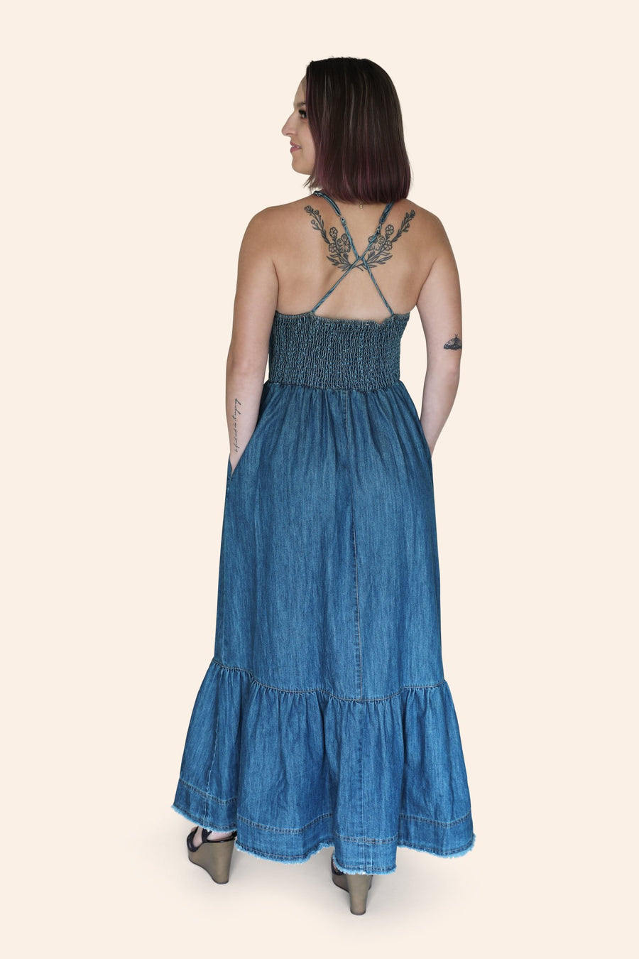 "The Chloe" Denim Bustier Corset Adjustable Strap Maxi Dress With Pockets