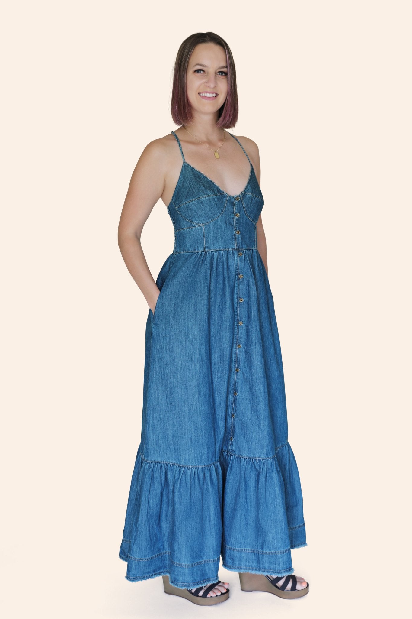 "The Chloe" Denim Bustier Corset Adjustable Strap Maxi Dress With Pockets