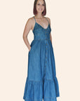 "The Chloe" Denim Bustier Corset Adjustable Strap Maxi Dress With Pockets