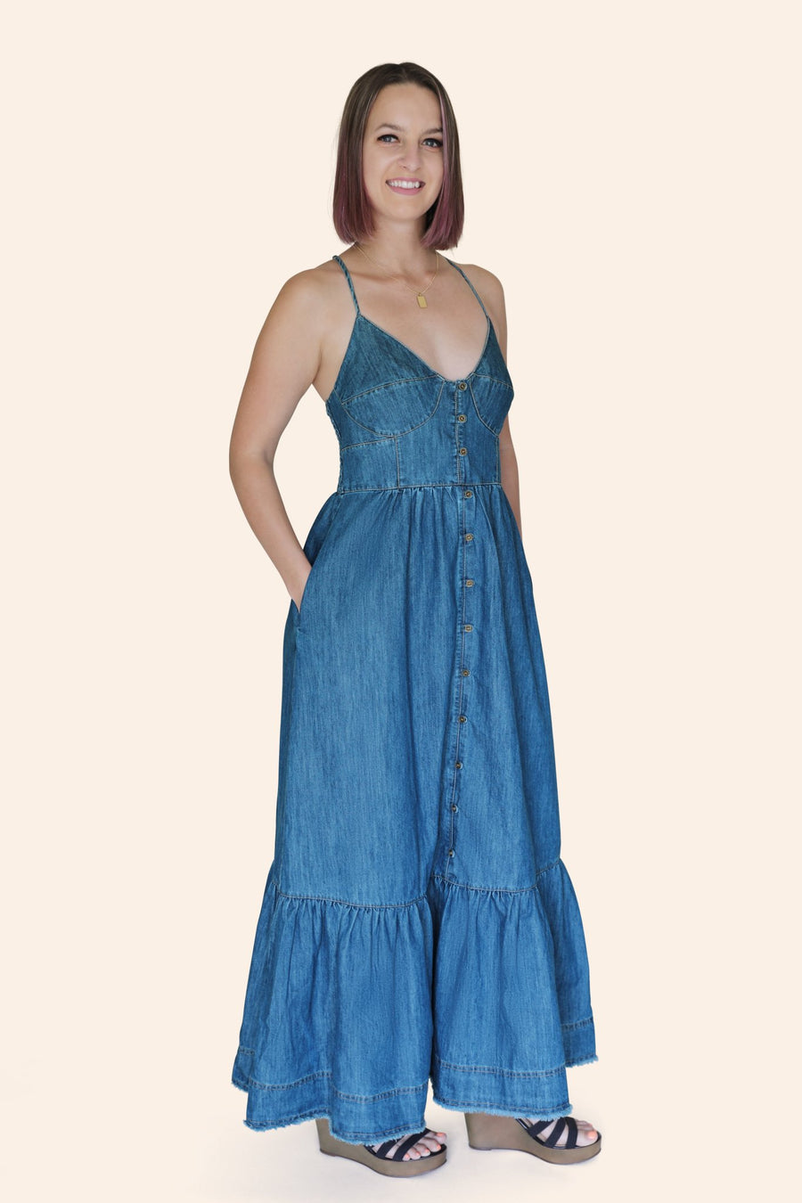 "The Chloe" Denim Bustier Corset Adjustable Strap Maxi Dress With Pockets