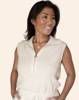 "The Addison" Sleeveless Collared Drawstring Knit Cream Romper With Zipper & Pockets