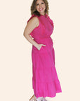 "Garden Party" Poplin Multi-Tiered Sleeveless Fuchsia Midi Dress With Pockets