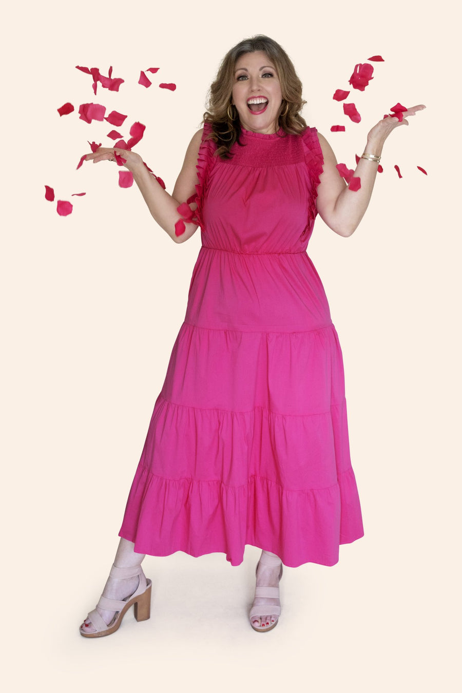 "Garden Party" Poplin Multi-Tiered Sleeveless Fuchsia Midi Dress With Pockets