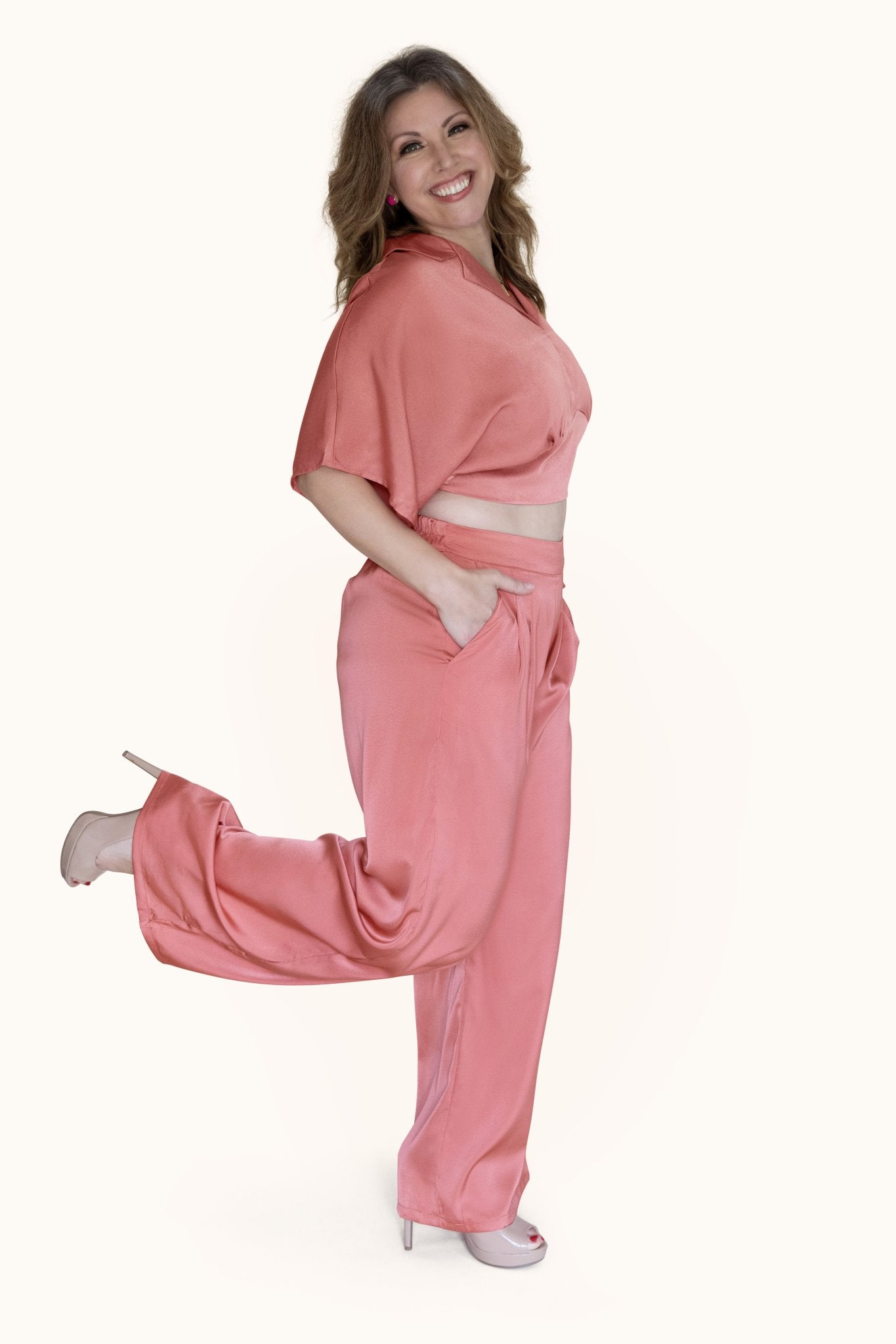 "The Cora" Two-Piece Crop Top & Elastic Waist Palazzo Pant Set With Pockets
