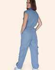 "The Taylor" Mechanic High Neck Cargo Front Zipper Sleeveless Jumpsuit With Multi-Pockets