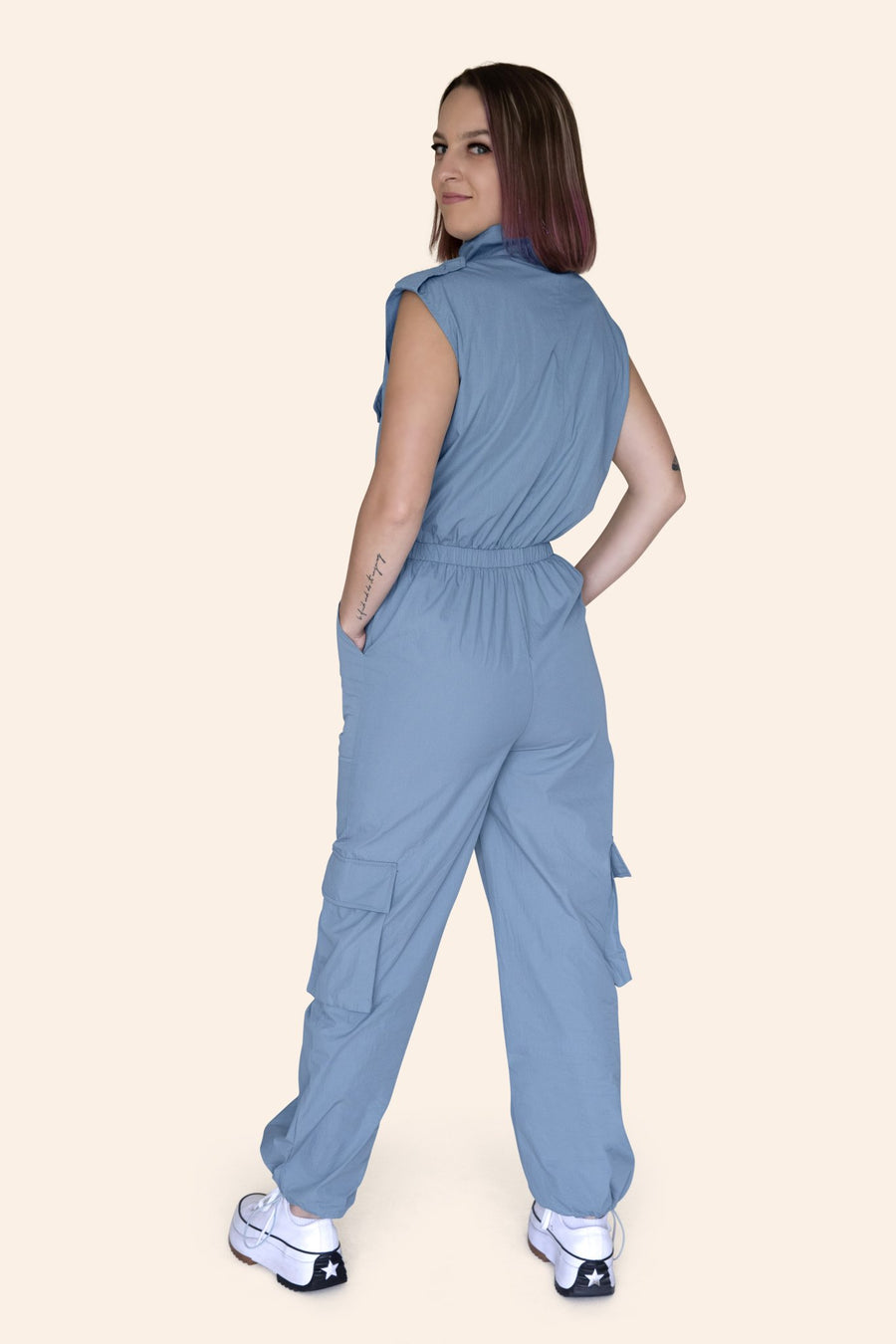 "The Taylor" Mechanic High Neck Cargo Front Zipper Sleeveless Jumpsuit With Multi-Pockets