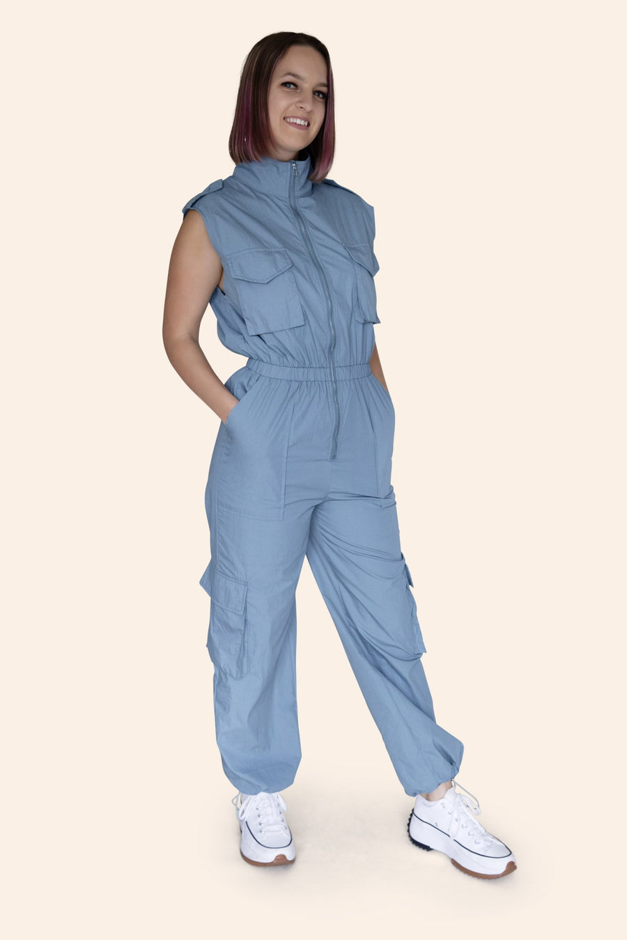 "The Taylor" Mechanic High Neck Cargo Front Zipper Sleeveless Jumpsuit With Multi-Pockets