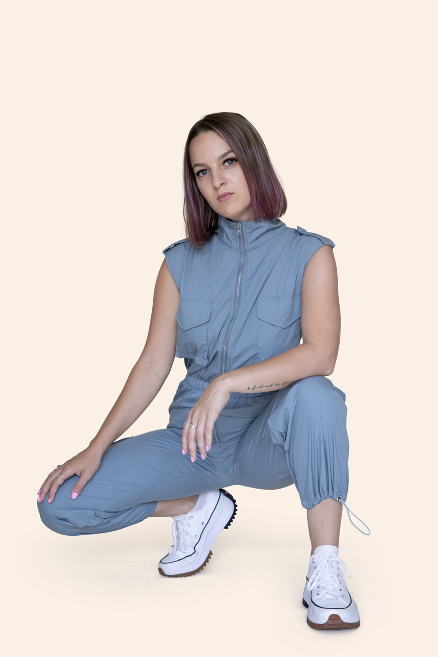 "The Taylor" Mechanic High Neck Cargo Front Zipper Sleeveless Jumpsuit With Multi-Pockets