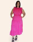 "Garden Party" Poplin Multi-Tiered Sleeveless Fuchsia Midi Dress With Pockets