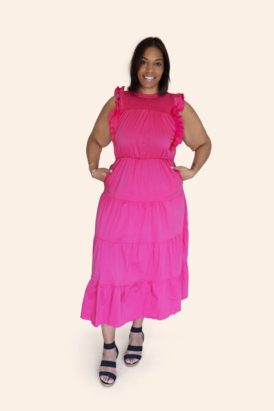 "Garden Party" Poplin Multi-Tiered Sleeveless Fuchsia Midi Dress With Pockets