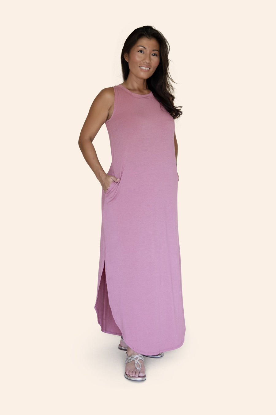 "The Harper" Butter Soft Sleeveless High-Neck Side Slit Maxi Dress With Pockets