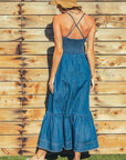 "The Chloe" Denim Bustier Corset Adjustable Strap Maxi Dress With Pockets