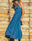 "The Chloe" Denim Bustier Corset Adjustable Strap Maxi Dress With Pockets