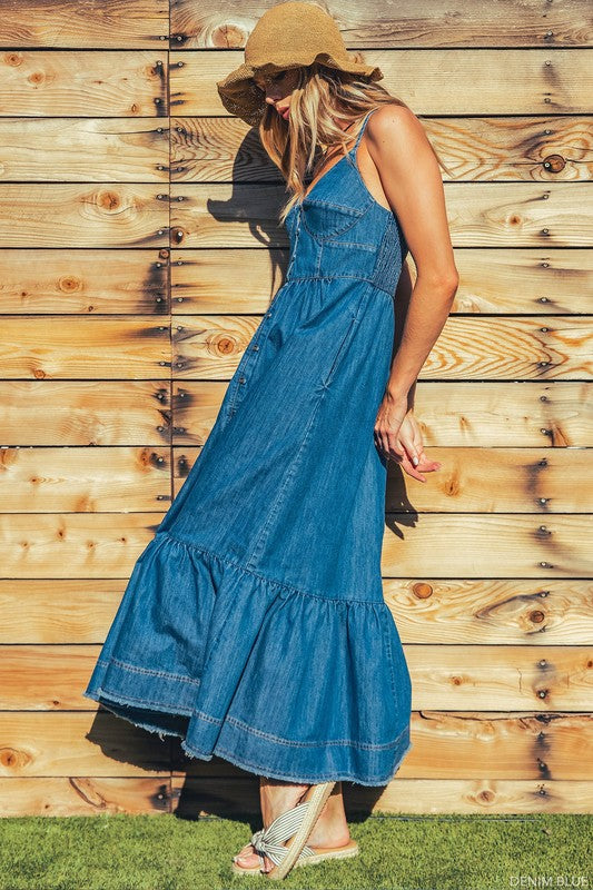 "The Chloe" Denim Bustier Corset Adjustable Strap Maxi Dress With Pockets